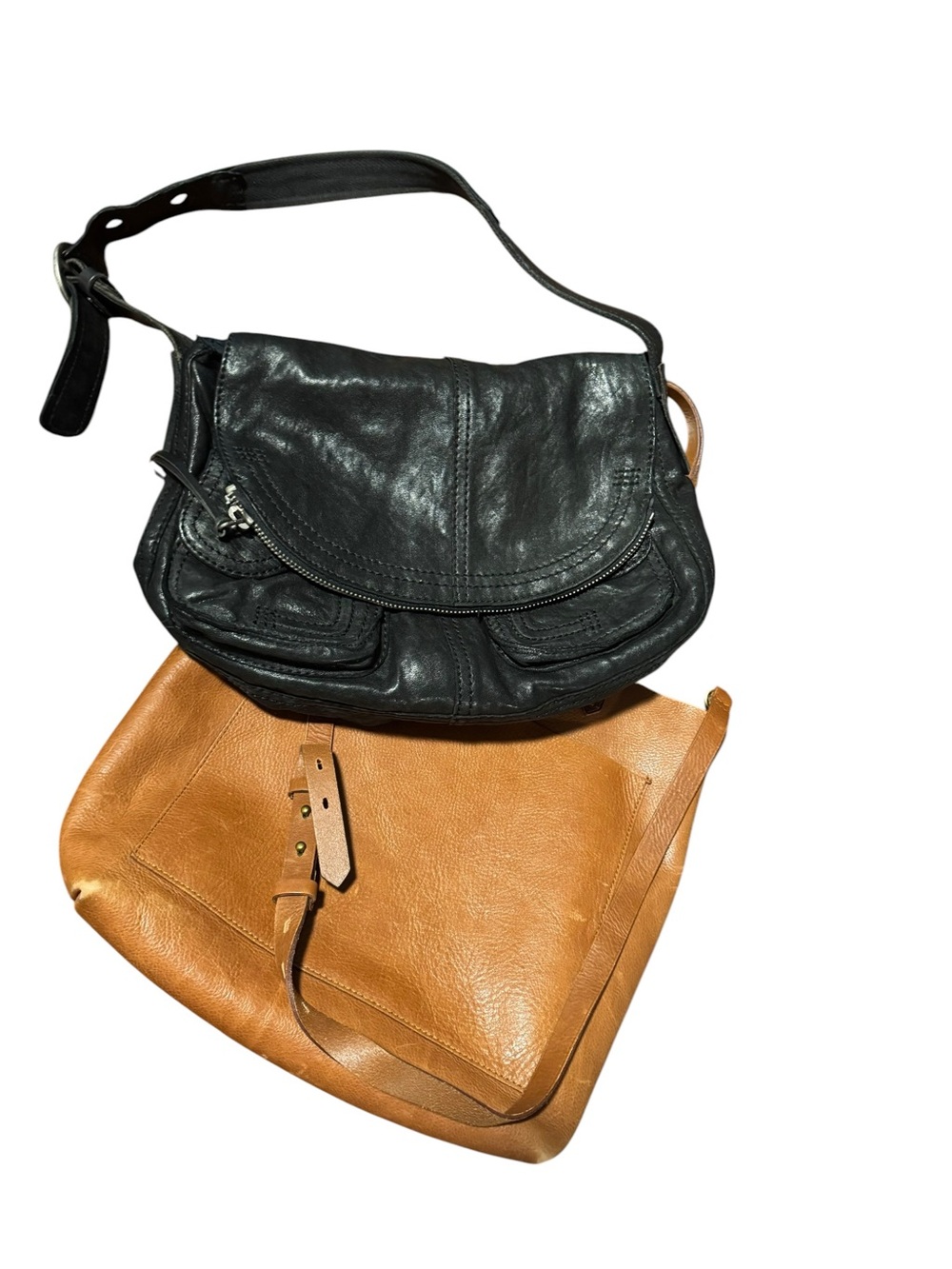 Lucky Brand Black Hobo leather crossbody and Madewell Brown Leather tote bundle